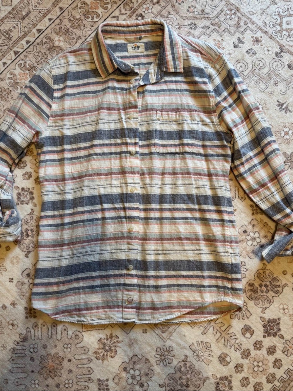 Marine Layer Classic Striped Button-Up Shirt - Cream, Blue & mauve M/L